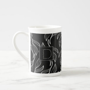 Taza De Porcelana Verde Botánico Floral Monograma Negro y Blanco