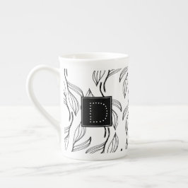 Taza De Porcelana Verde Botánico Floral Monograma Negro y Blanco