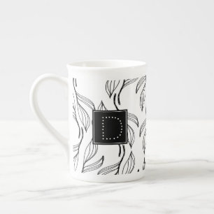 Taza De Porcelana Verde Botánico Floral Monograma Negro y Blanco