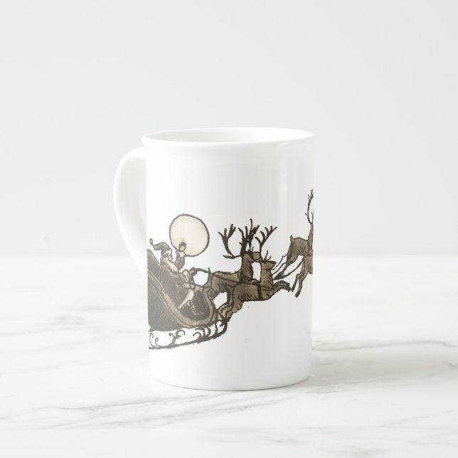 Taza De Porcelana Vieja Sepia Santa Sleigh Reindeers (Izquierda)