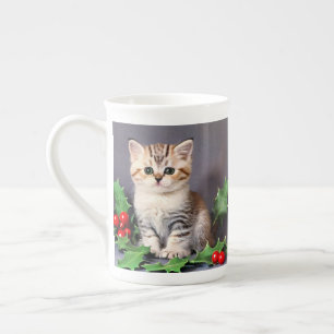 Taza De Porcelana Vintage Christmas Kitten and Holly