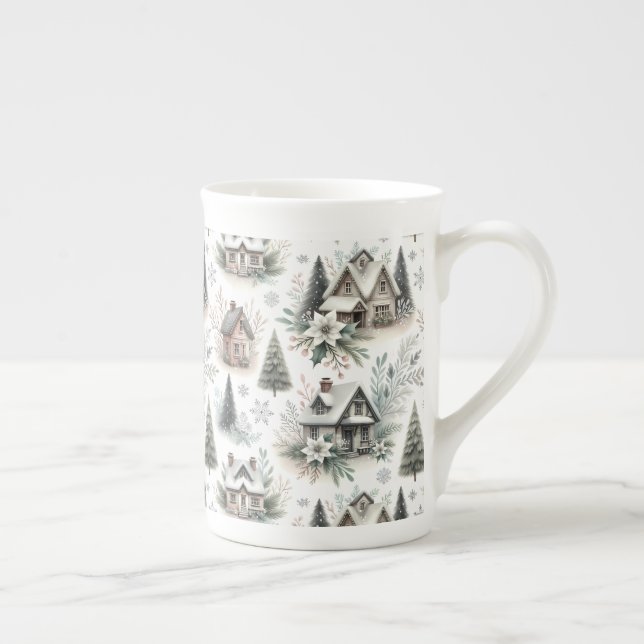 Taza De Porcelana Winter Cottage Snowfall Pattern (Derecha)