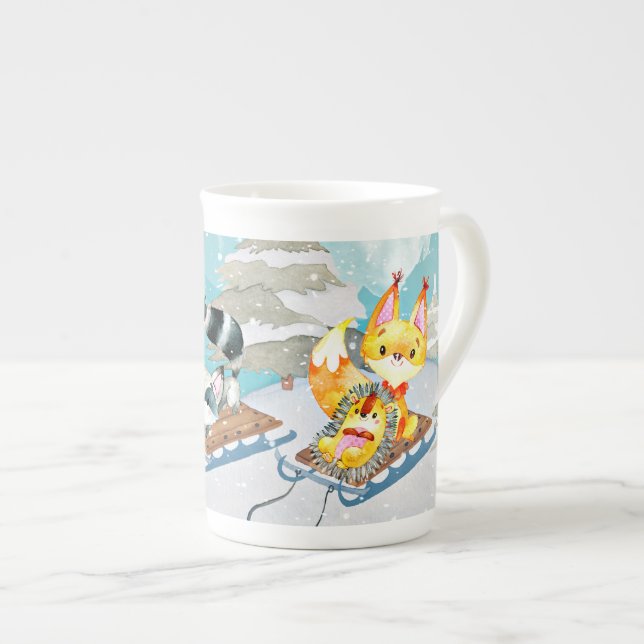 Taza De Porcelana Winter Woodland Friends - Ilustracion Fox Hedgehog (Derecha)