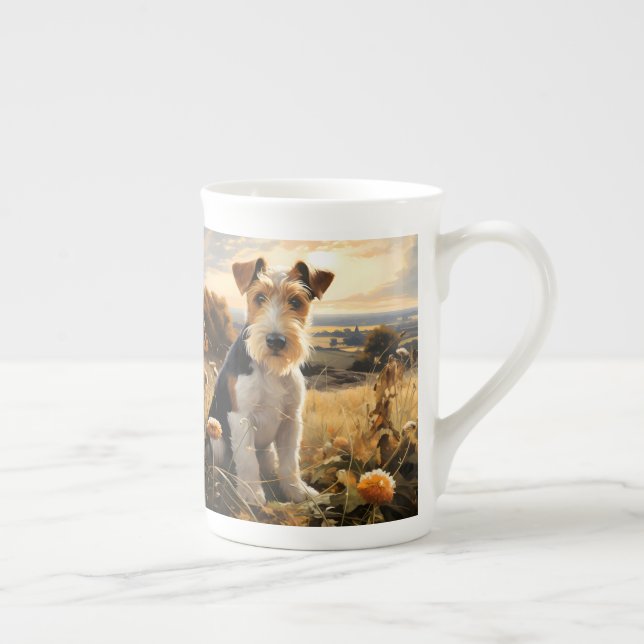 Taza De Porcelana Wire Hair Fox Terrier En El Campo Otoño (Derecha)