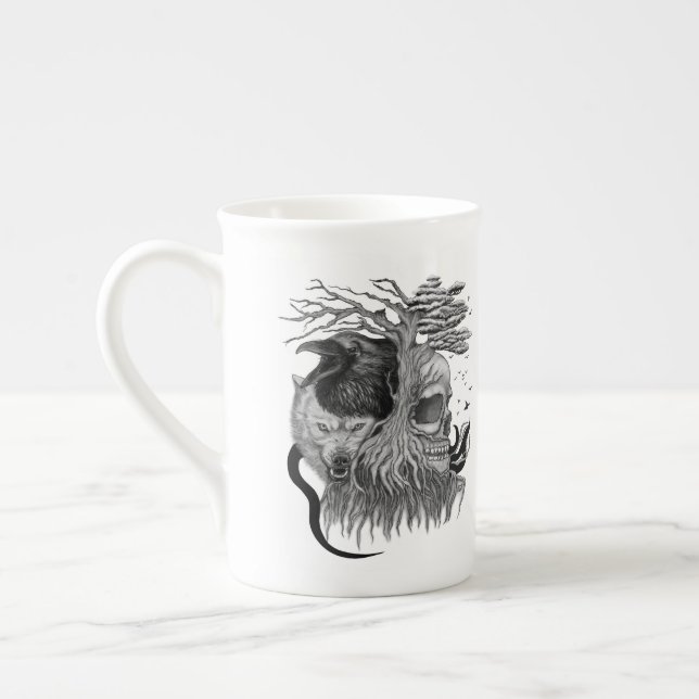 Taza De Porcelana Wolf y Raven con el cráneo (Izquierda)