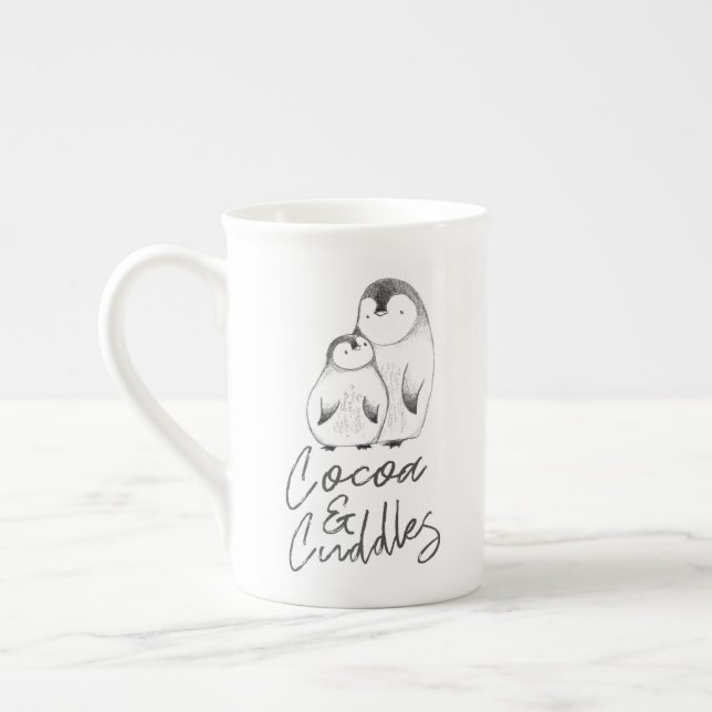 Taza De Porcelana Y blanca el pingüino dibujado mano gris abraza (Izquierda)