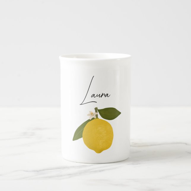 Taza De Porcelana Yellow Lemon with Green Leaves | Fresh Citrus  (Frente)