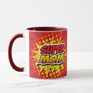 Taza de Super Mamá de estilo de cómic rojo y amari