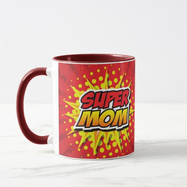 Taza de Super Mamá de estilo de cómic rojo y amari (Izquierda)