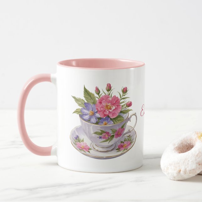 Taza de té de flores rosa y púrpura personalizada (Con donut)