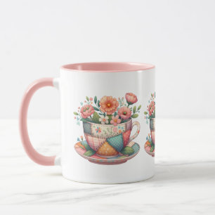 Taza de té de patchwork con flores caprichosas