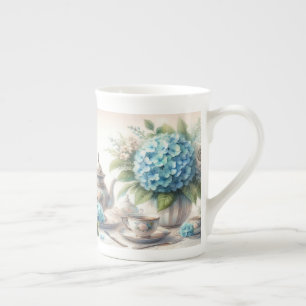 Taza de té de porcelana hueso azul polvoriento par