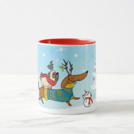 Taza de vacaciones de Dachshund, Pug y pájaro
