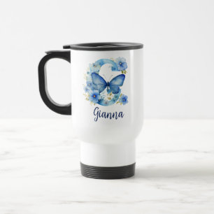 Taza De Viaje 15 oz Floral Blue Monogrammed Travel Mug