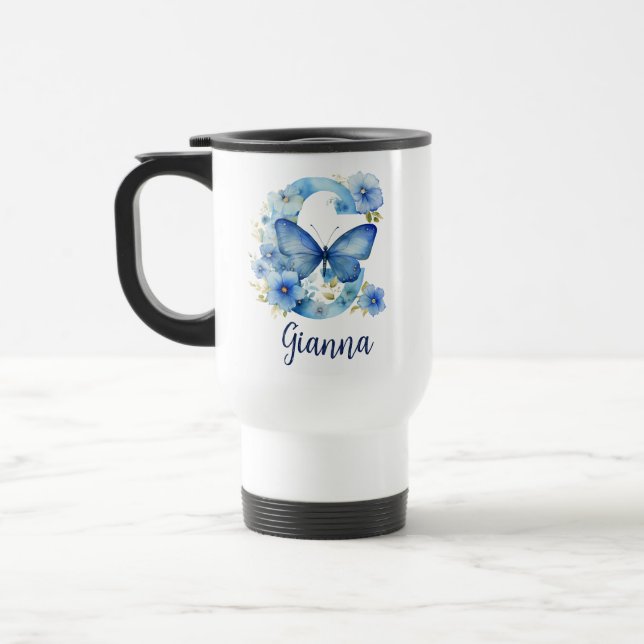 Taza De Viaje 15 oz Floral Blue Monogrammed Travel Mug (Izquierda)