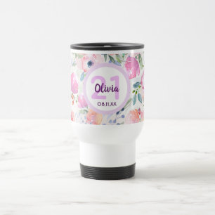 Taza De Viaje 21 años nombre púrpura de flores rosadas