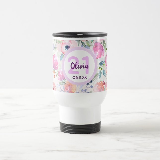 Taza De Viaje 21 años nombre púrpura de flores rosadas (Centro)