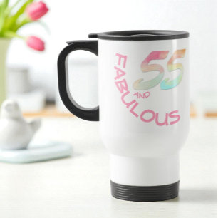 Taza De Viaje 55 y fabuloso cumpleaños Pastel texto arcoiris