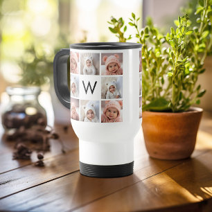 Taza De Viaje 8 Colaje de Fotos Monograma Personalizado Negro y