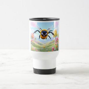 Taza De Viaje Abeja de dibujos animados en campo de flores