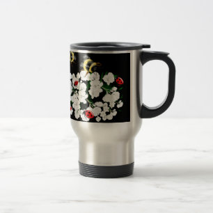 Taza De Viaje Abejas dramáticas ladybugs y flores blancas en neg