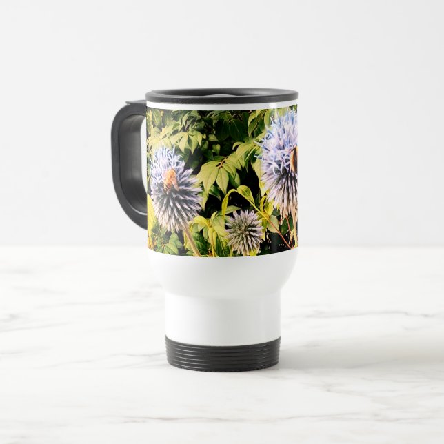 Taza De Viaje Abejas y abejas sobre flores azules (Anverso izquierdo)