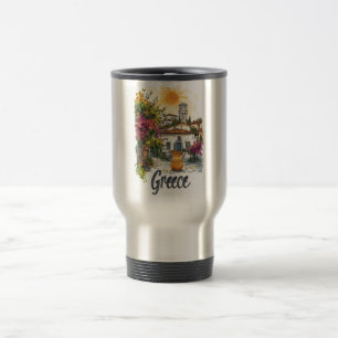 Taza De Viaje Acuarela Grecia: Escena de pueblo con flores