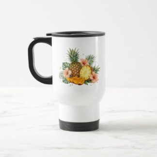 Taza De Viaje Acuarela Piña Tropical y Flor de Hibisco 