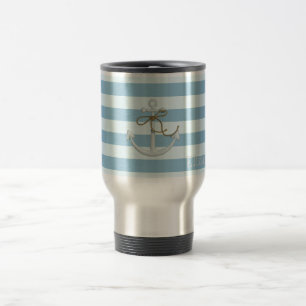 Taza De Viaje Adorable Ancla Náutica sobre Rayas Azules Claras