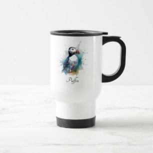 Taza De Viaje Adorable frailecillo en acuarela, personalizado