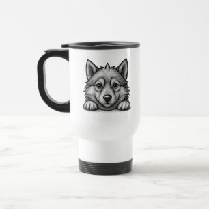 Taza De Viaje Adorable Husky Puppy Wood Engraving Style