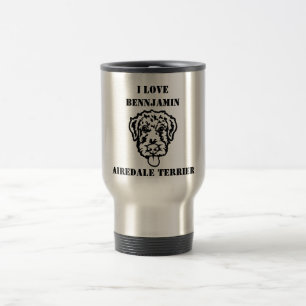 Taza De Viaje Airedale con nombre de perro, raza y silueta