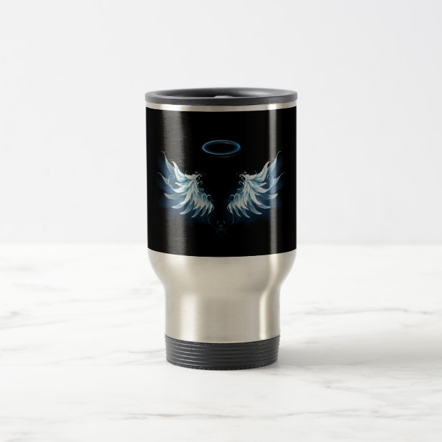 Taza De Viaje Alas del Ángel Azul brillante sobre fondo negro (Centro)