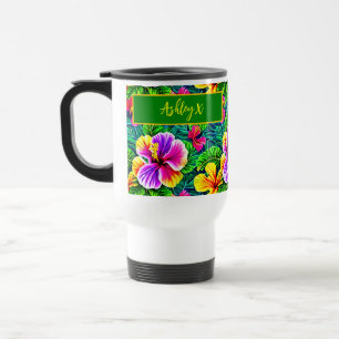 Taza De Viaje Añadir nombre texto tropical hibiscus flor jungla 