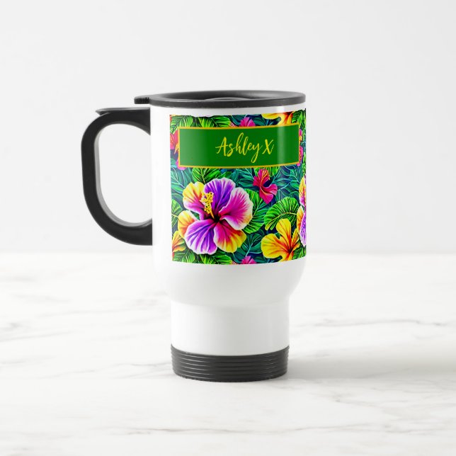 Taza De Viaje Añadir nombre texto tropical hibiscus flor jungla  (Izquierda)