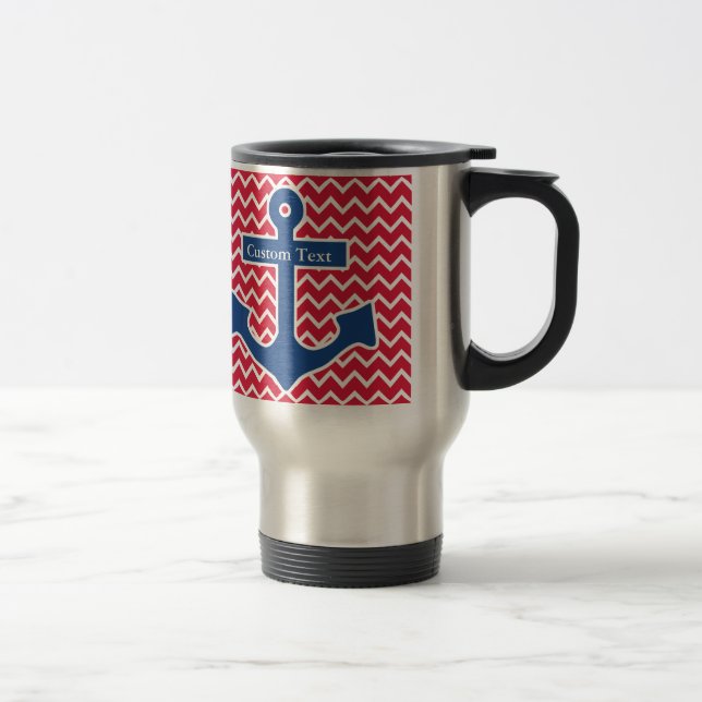 Taza De Viaje Ancla azul náutica en el fondo rojo de Chevron (Derecha)