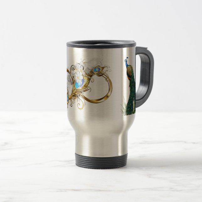 Taza De Viaje Anillos Bodas Golden Royal Peacocks & Feathers (Anverso derecho)
