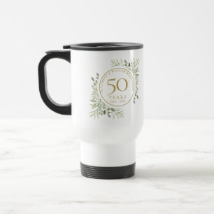 Taza De Viaje Aniversario de bodas de oro con hojas de acuarela