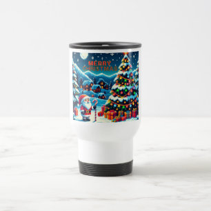 Taza De Viaje árbol de Navidad de 8 bits y Papá Noel