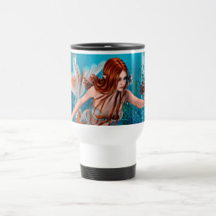 Taza De Viaje Arte de fantasía de sirena de cabello rojo bajo el