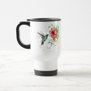Taza De Viaje Arte floral acuarela de pájaro colibrí colorido de