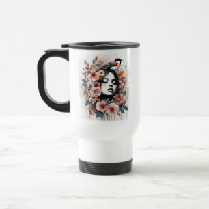 Taza De Viaje Arte floral inspirador con mujer y pájaro