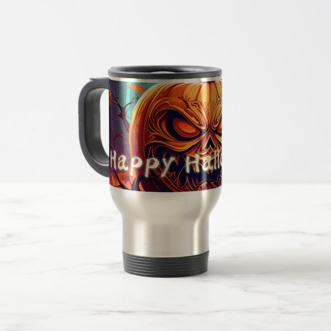 Taza De Viaje Asustada Naranja Calabaza con cara, Halloween (Anverso izquierdo)