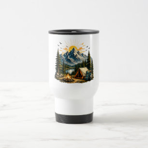 Taza De Viaje Aventura de Camping en la Montaña Atardecer Natura