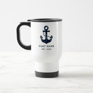 Taza De Viaje Azul Marino Náutico Nombre del Barco Ancla