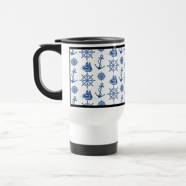 Taza De Viaje Azul náutico y blanco del ancla del tema (Izquierda)