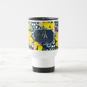 Taza De Viaje Azulejos Mediterráneos de Limón Azul Marino Blanco