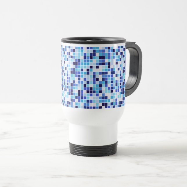 Taza De Viaje Baldosas de piscina, mosaicos azules, patrón geomé (Anverso derecho)