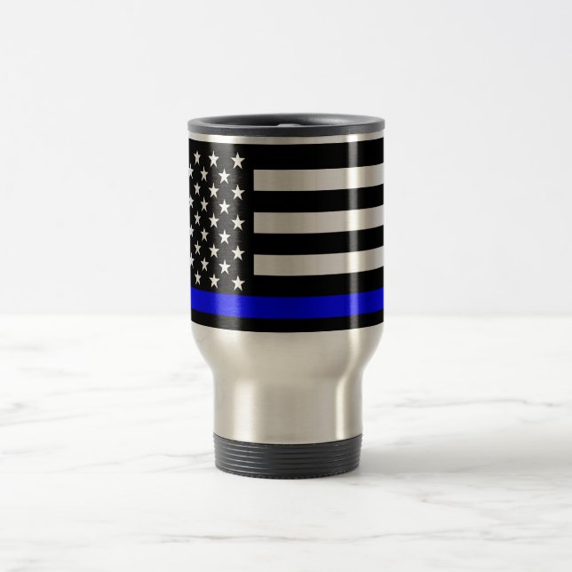 Taza De Viaje Bandera americana fina de Blue Line blanco y negro (Centro)