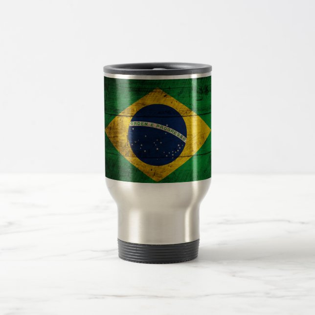 Taza De Viaje Bandera de Brasil de madera antigua (Centro)